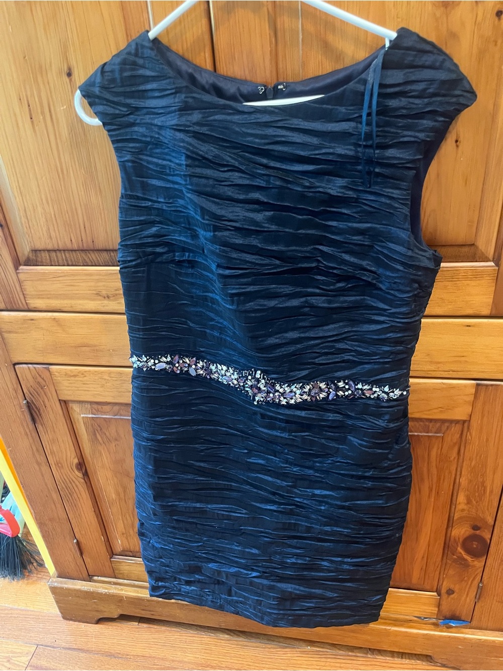 Navy Ruched Mini Dress with Jeweled Waistband